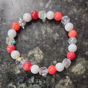 Handmade Red Agate, Crystal and White Beaded Bracelet